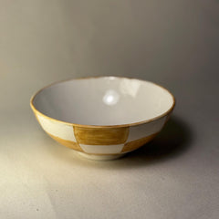 Handmade Ceramic Checker Bowl – White & Mustard Grid Design, Modern Artisan Dish