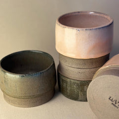 2-Piece Stoneware Cup Set – 150ml / 5oz Green & Beige Ceramic Cups – Minimalist Pottery Espresso Duo