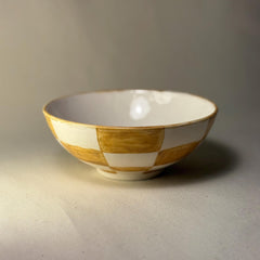 Handmade Ceramic Checker Bowl – White & Mustard Grid Design, Modern Artisan Dish