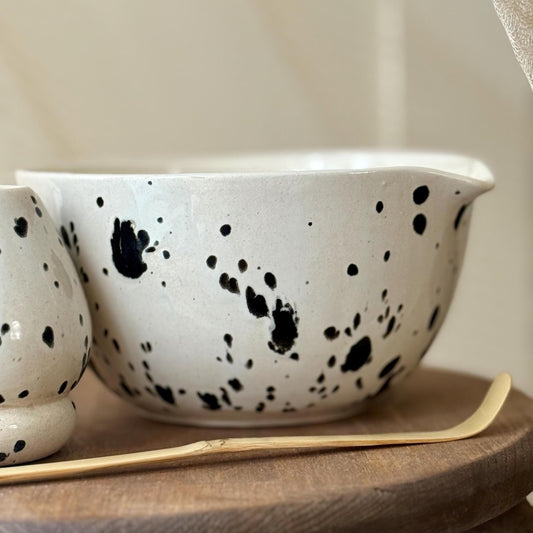 Handmade Speckled Ceramic Matcha Set – Chawan Bowl & Whisk Holder