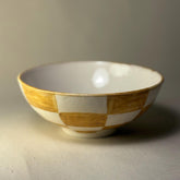 Handmade Ceramic Checker Bowl – White & Mustard Grid Design, Modern Artisan Dish