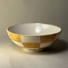 Handmade Ceramic Checker Bowl – White & Mustard Grid Design, Modern Artisan Dish