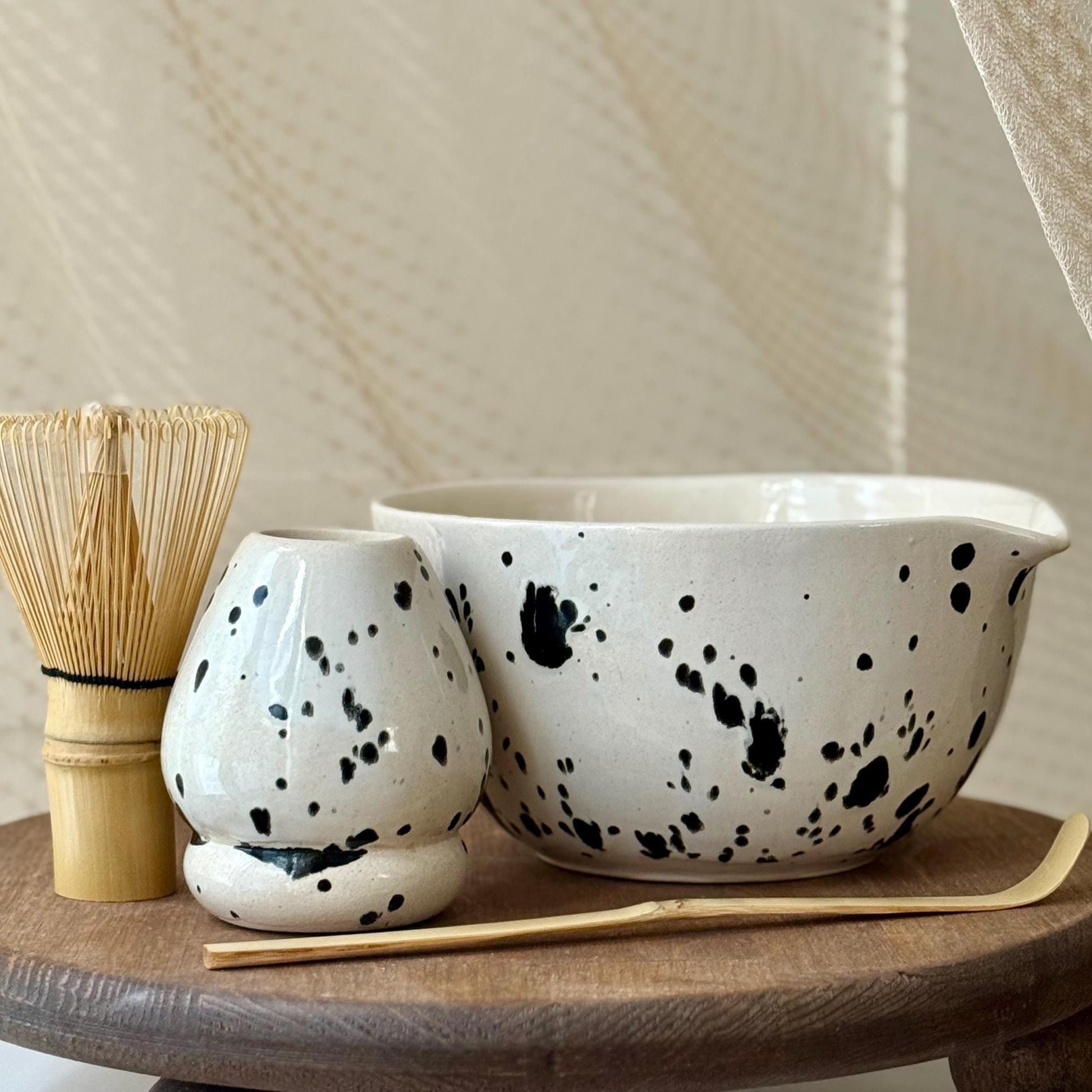 Handmade Speckled Ceramic Matcha Set – Chawan Bowl & Whisk Holder