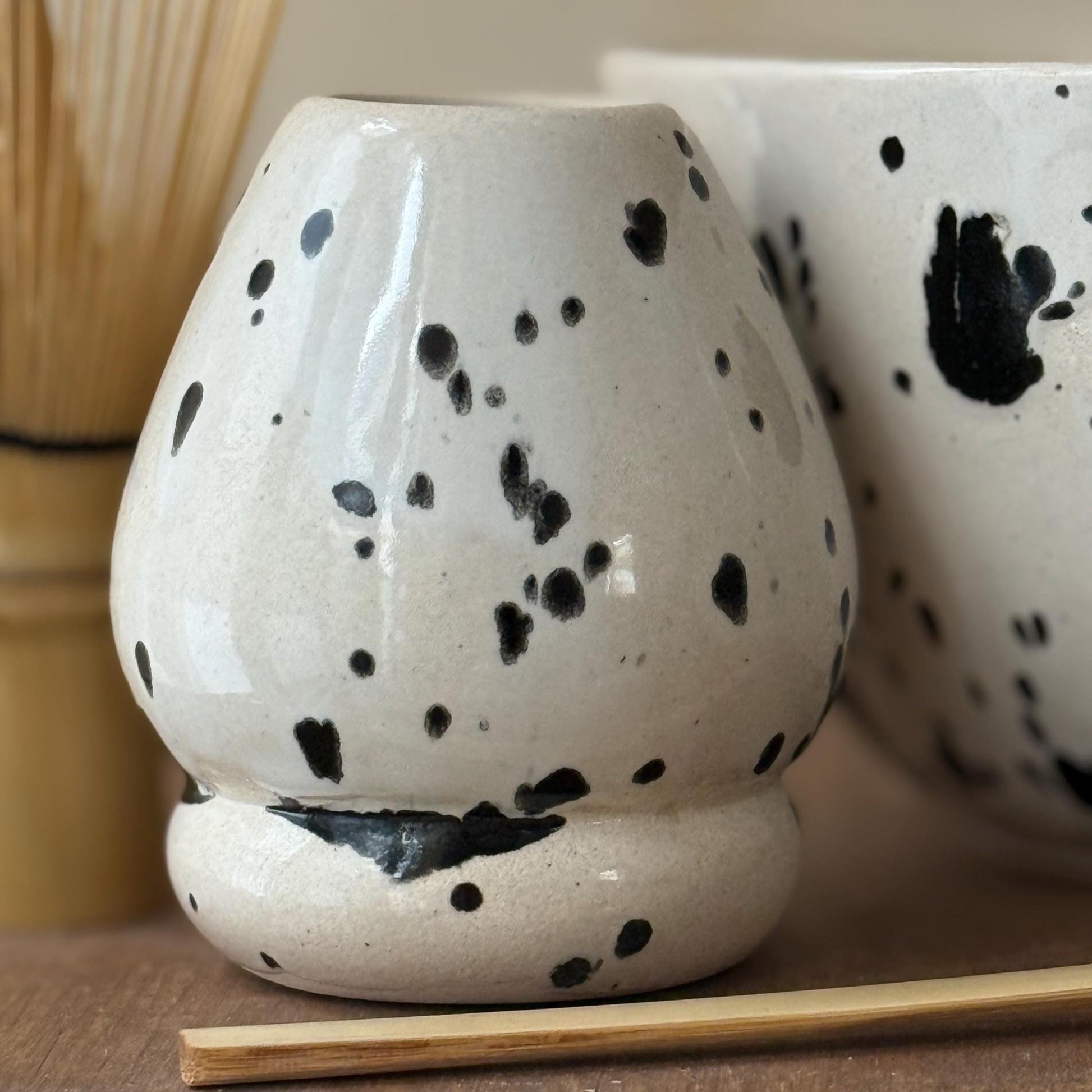 Handmade Speckled Ceramic Matcha Set – Chawan Bowl & Whisk Holder