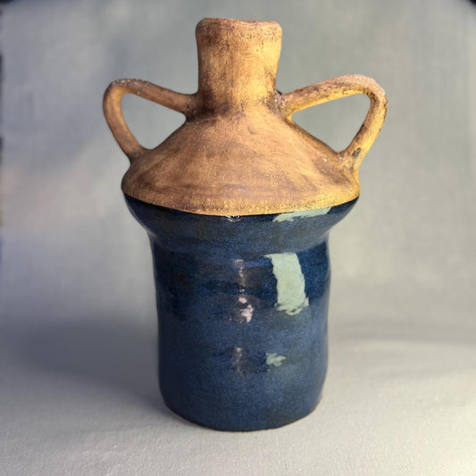 Handmade Stoneware Amphora Vase – Rustic Blue Ceramic Testi with Handles