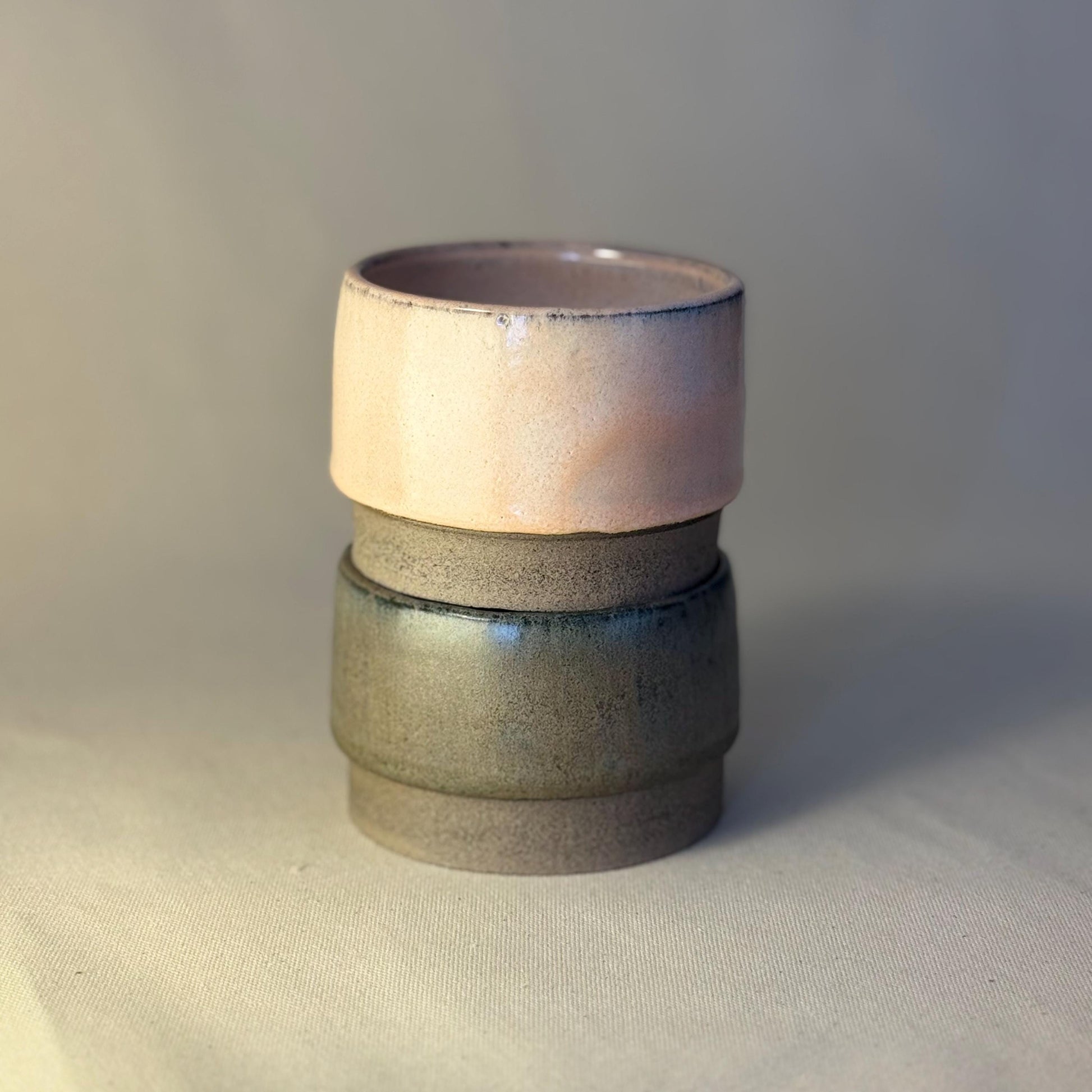 2-Piece Stoneware Cup Set – 150ml / 5oz Green & Beige Ceramic Cups – Minimalist Pottery Espresso Duo