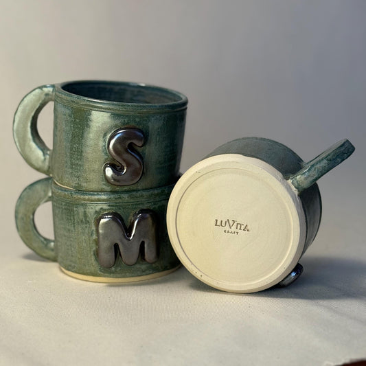 400ml - 13.5 Oz Handmade Initial Mug – Green Wheel Thrown Ceramic Pottery Cup