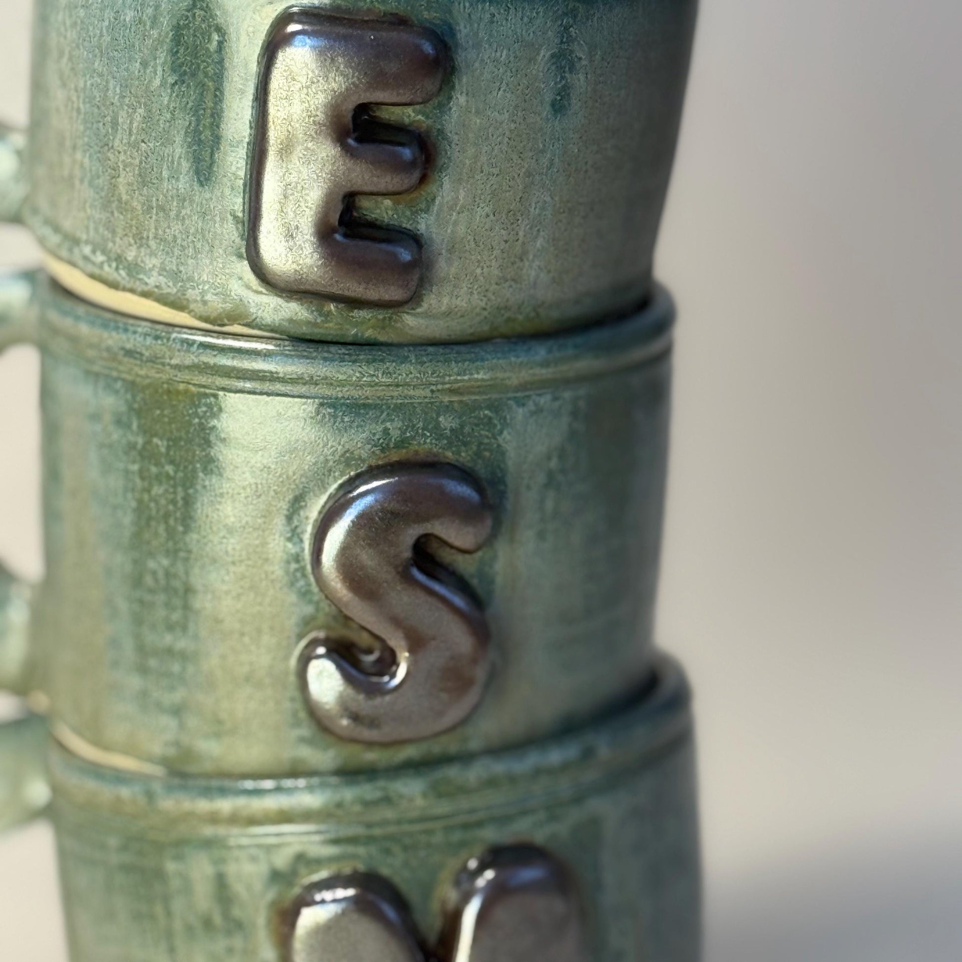400ml - 13.5 Oz Handmade Initial Mug – Green Wheel Thrown Ceramic Pottery Cup