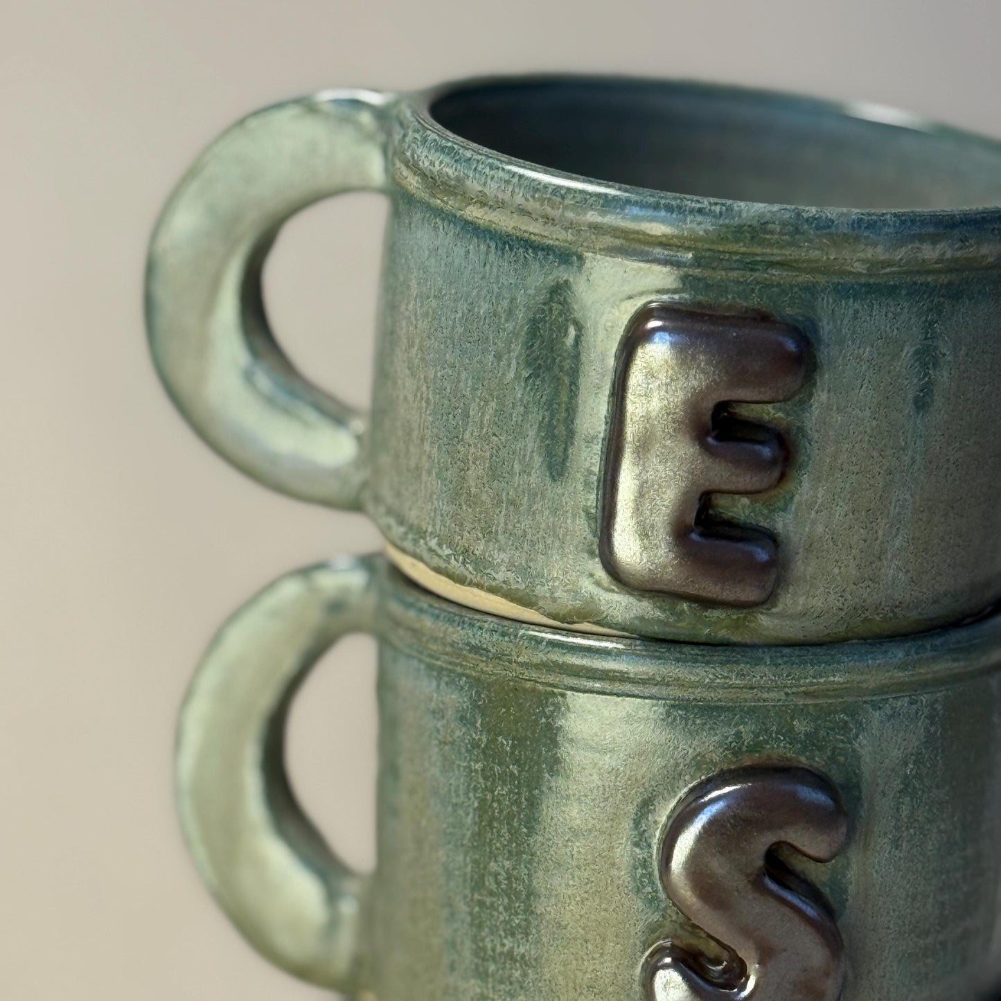 400ml - 13.5 Oz Handmade Initial Mug – Green Wheel Thrown Ceramic Pottery Cup
