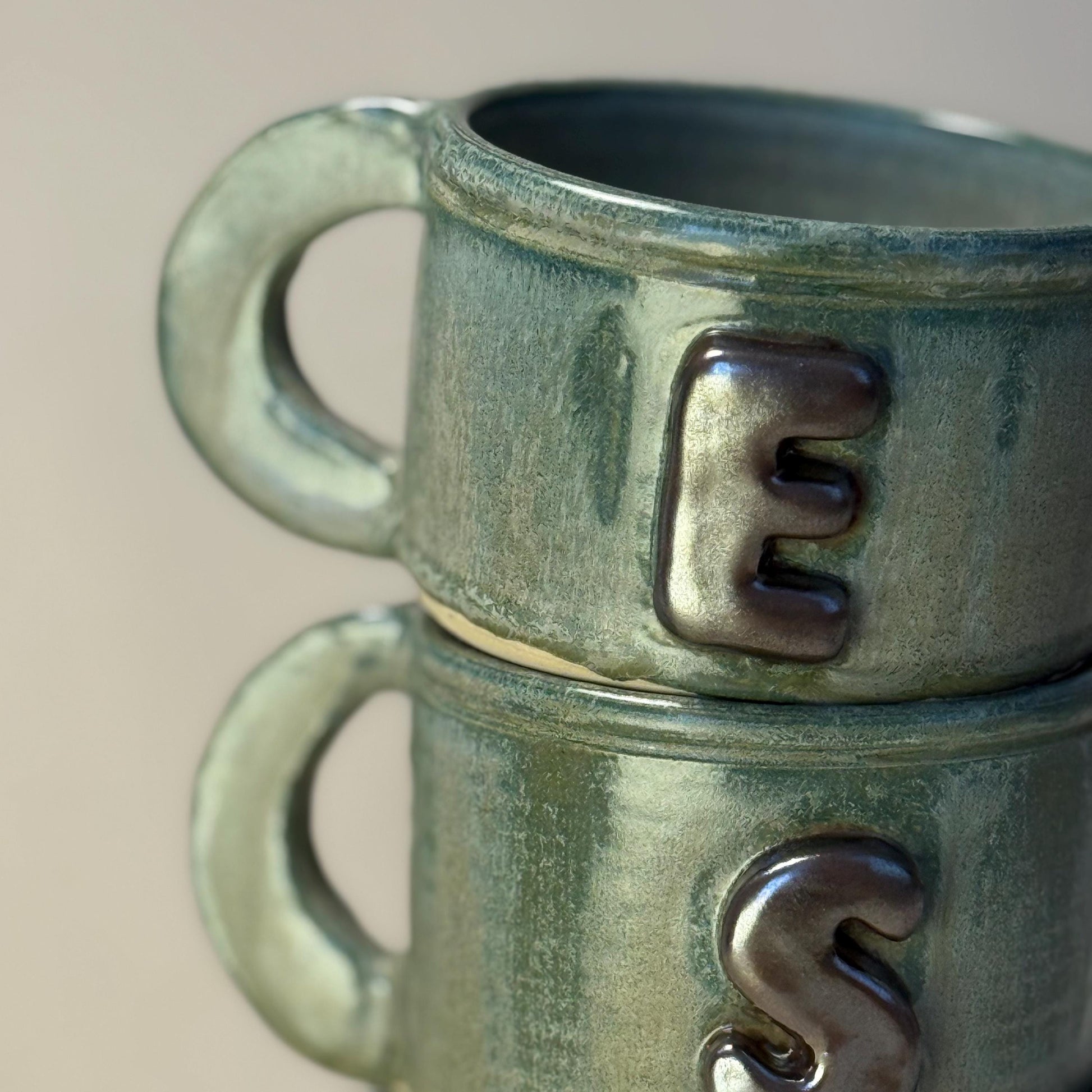 400ml - 13.5 Oz Handmade Initial Mug – Green Wheel Thrown Ceramic Pottery Cup