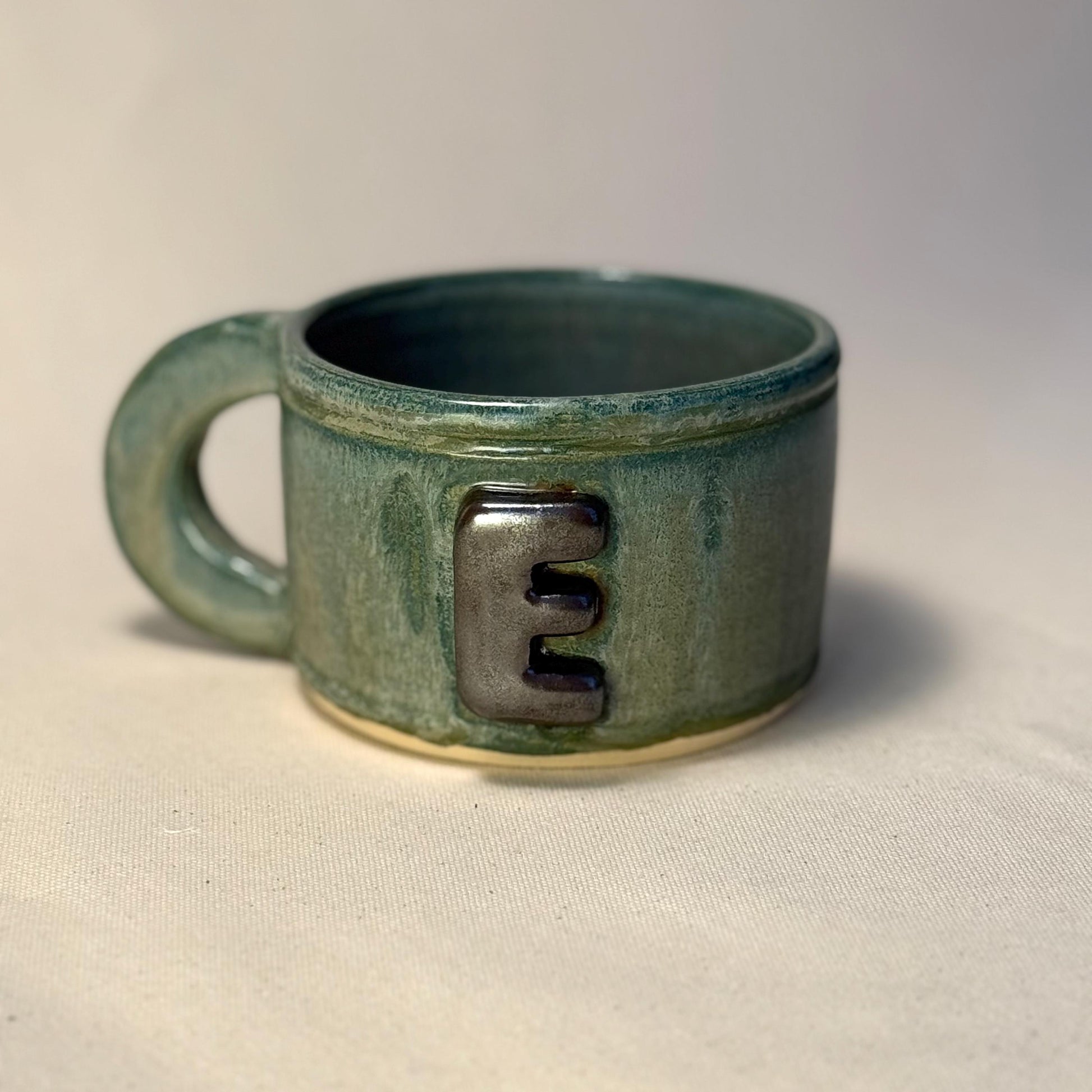 400ml - 13.5 Oz Handmade Initial Mug – Green Wheel Thrown Ceramic Pottery Cup