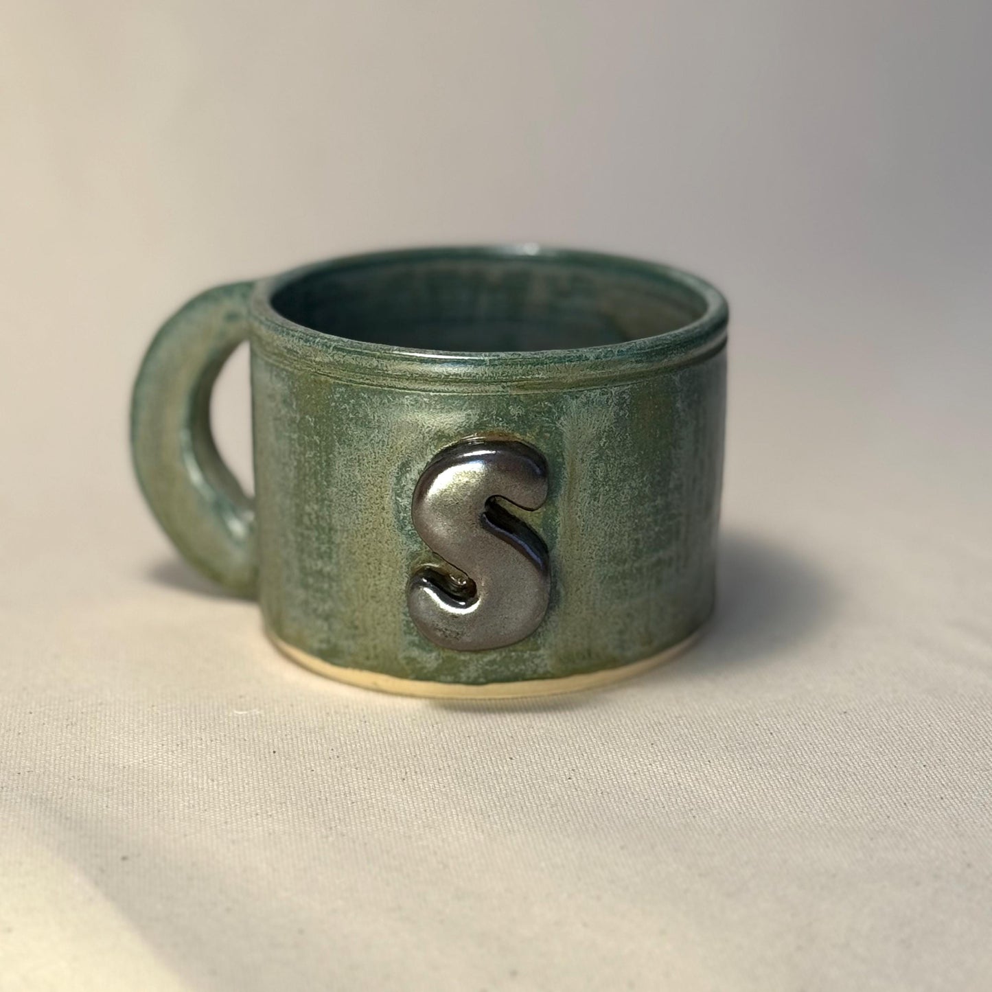 400ml - 13.5 Oz Handmade Initial Mug – Green Wheel Thrown Ceramic Pottery Cup